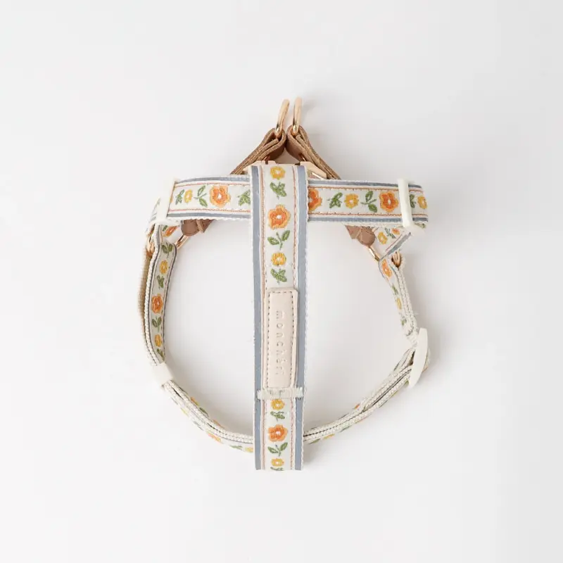 反射フラワー刺繍ハーネス+リードSET【名入れ刺繍対応】