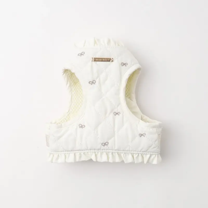 リボン刺繍フリルキルティングハーネス+リードSET【名入れ刺繍対応】